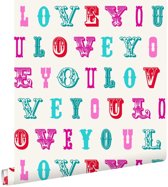 ESTAhome Tapete love you - Sprüche Türkis und Rosa - 53 cm x 10,05 m - 136832