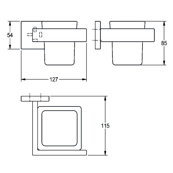 Maßzeichnung für Zahnputzbecherhalter mit Wandmontage. Breite 127 Millimeter, Höhe 85 Millimeter, Tiefe 115 Millimeter.