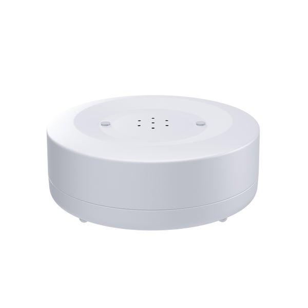 Runder weißer Smart Home Sensor aus Kunststoff mit Kontaktpunkten und Öffnungen auf der Oberseite.