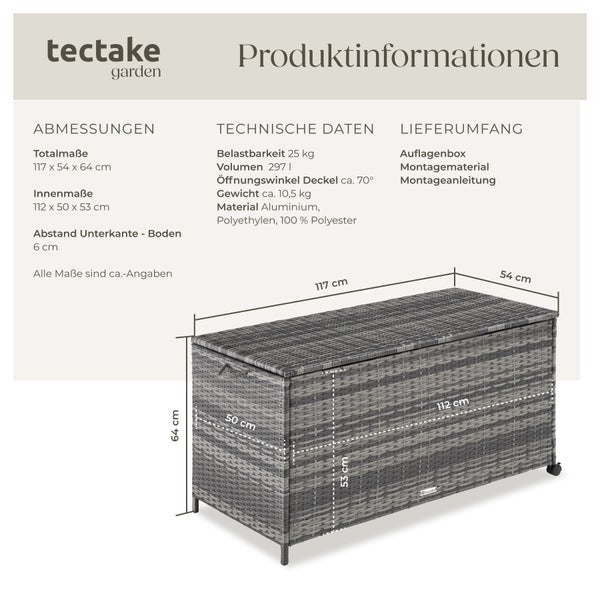 Auflagenbox tectake Kuusamo 117 x 54 x 64 cm mit Aluminiumgestell und Rattangeflecht grau