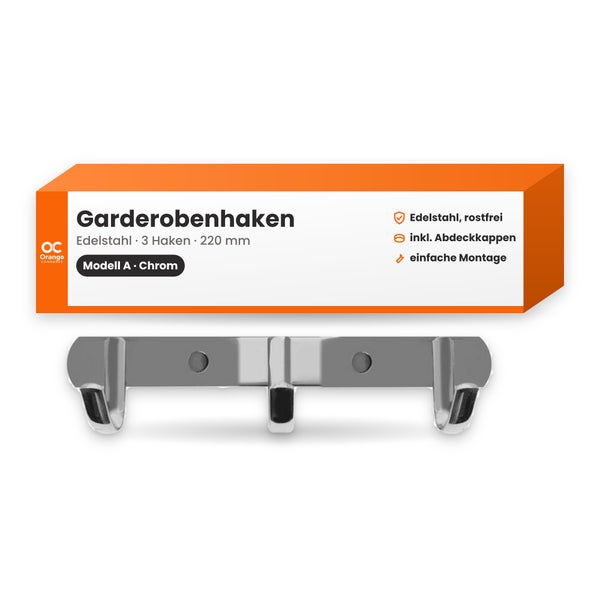 Garderobenhaken aus rostfreiem Edelstahl mit drei Haken und 220 Millimeter Breite inklusive Abdeckkappen und Orange Commerce Logo.