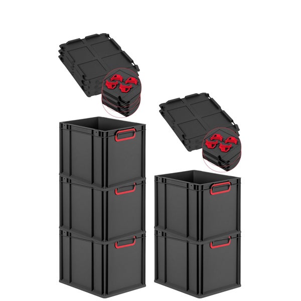 PROREGAL SparSet 5x Eurobox NextGen Color mit Auflagedeckel und Schiebeschnappverschlüsse, HxBxT 32x30x40cm, 30 Liter, Schwarz, Griffe rot geschlossen, Eurobehälter, Transportbox, Transportbehälter, Stapelbehälter