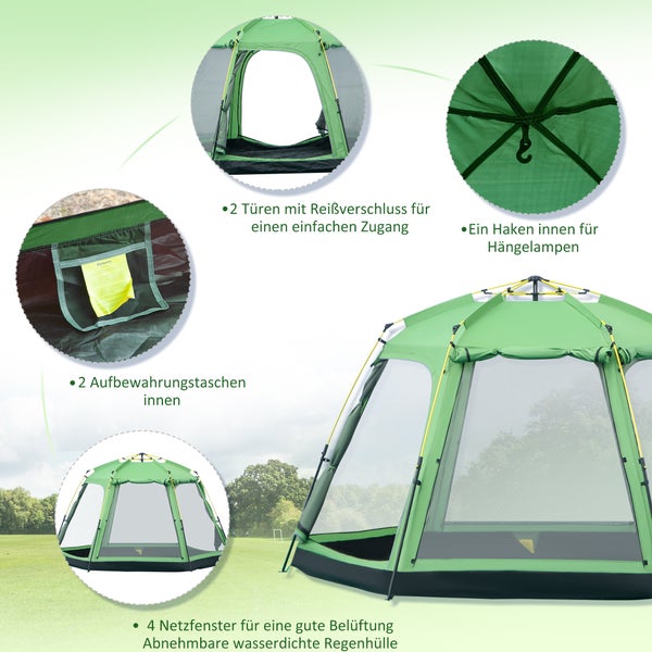 Outsunny Campingzelt, für 6 Personen,  320 x 320 x 180 cm, Stahl, Glasfaser, Grün