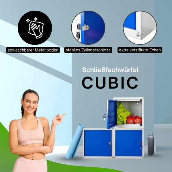 Schließfachwürfel CUBIC aus Metall mit Zylinderschloss, abwaschbarem Boden und verstärkten Ecken. Ein Fach enthält Sportschuhe und Kleidung.