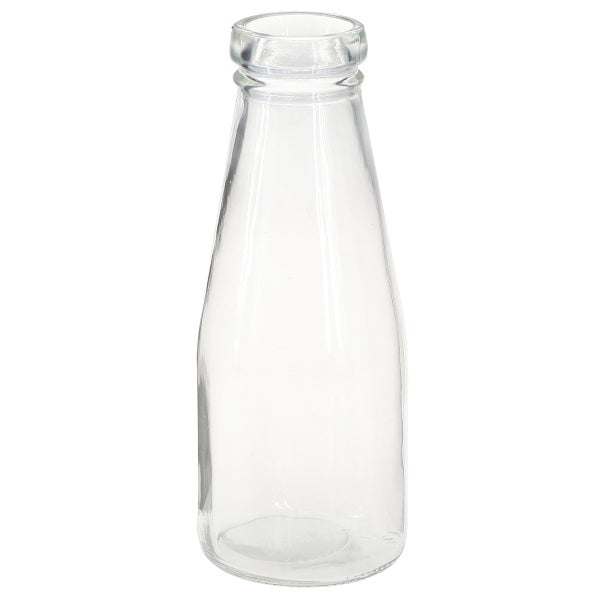 Transparente Glasflasche in konischer Form mit weitem Flaschenhals.