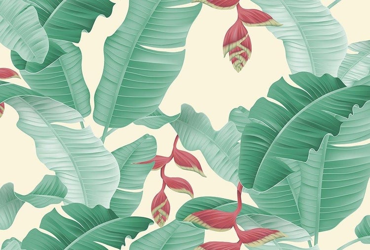 Tapete mit tropischem Muster aus Bananenblättern und Heliconia-Blüten