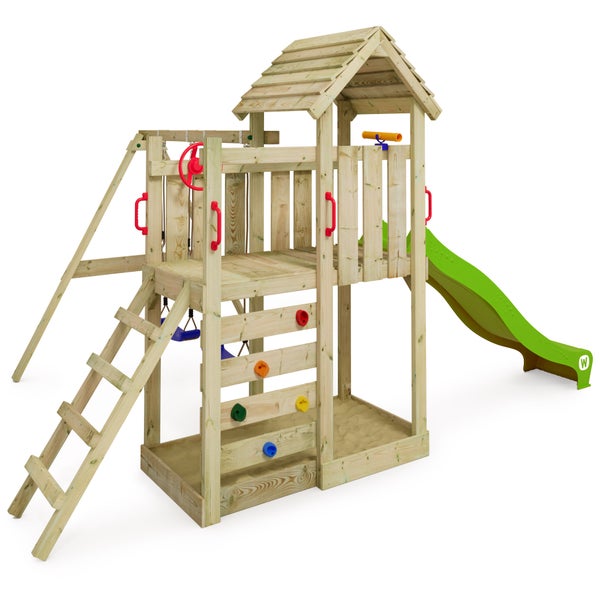 WICKEY Spielturm Klettergerüst MultiFlyer Holzdach mit Schaukel und Rutsche, Kletterturm mit Holzdach, Sandkasten, Leiter und Spiel-Zubehör - apfelgrün