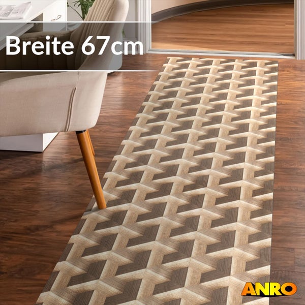 Teppichläufer mit dreidimensionalem geometrischem Muster in Brauntönen, Breite 67 Zentimeter, auf Holzboden in einem hellen Zimmer. ANRO Logo.