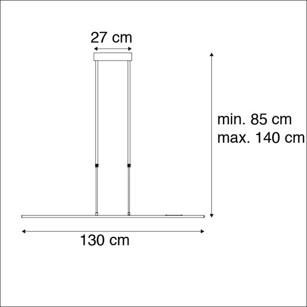 Technische Zeichnung einer Hängeleuchte mit den Maßen 27 cm, 130 cm und einer Höhe von minimal 85 cm bis maximal 140 cm.