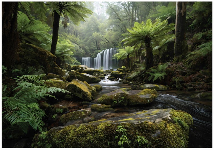 Ein malerischer Wasserfall in einem üppigen Farnwald mit bemoosten Felsen entlang eines klaren Bachlaufs in einer nebligen Atmosphäre.