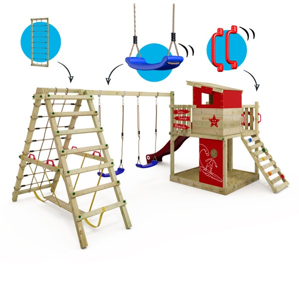 WICKEY Spielturm Klettergerüst Smart Surf mit Schaukel und Rutsche, Kletterturm mit Sandkasten, Leiter und Spiel-Zubehör – rot