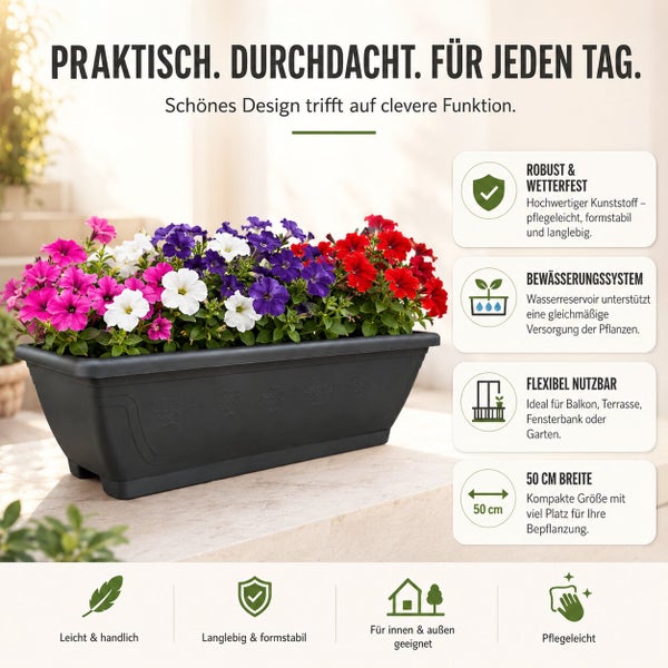 Kunststoff Blumenkasten mit Bewässerungssystem, 50 cm breit, geeignet für Balkon, Terrasse und Garten, wetterfest und pflegeleicht.