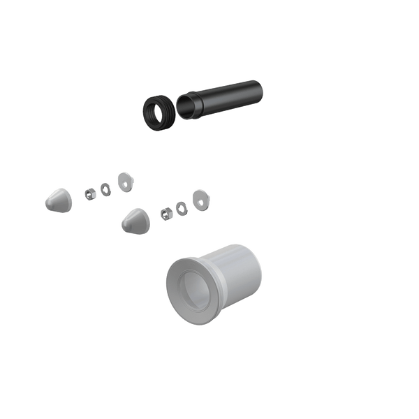 Befestigungsset für WC mit Anschlussrohr, Dichtung, Muttern, Unterlegscheiben und Abdeckkappen.