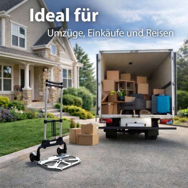 Klappbare Sackkarre auf einer Auffahrt vor einem Haus und einem Umzugswagen mit Kartons, ideal für Umzüge, Einkäufe und Reisen.