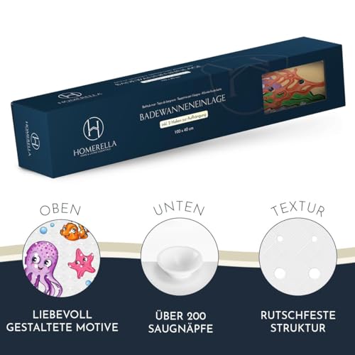 Homerella® Badewannenmatte rutschfest Kinder - 100% BPA frei Inkl. 2 Haken zum Aufhängen 100x40cm - Antirutschmatte Badewanne Baby hautsensitiv, schimmelresistent - Badematte rutschfest