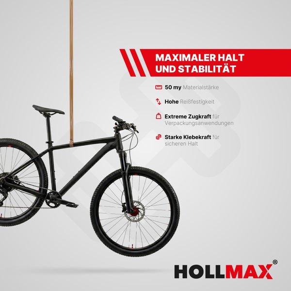 Ein Mountainbike wird von einem Streifen Klebeband gehalten, um die hohe Reißfestigkeit und Klebekraft zu zeigen. Hollmax Logo.