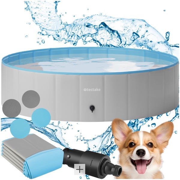Faltbarer Hundepool von tectake mit Wasserfüllung, Ablassventil, Schlauchadapter und Materialproben.