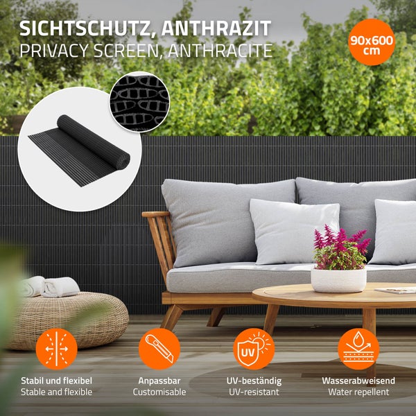 ECD Germany PVC Sichtschutzmatte 90x600 cm (2x 3m), Anthrazit, Sichtschutzzaun 3-Gewicht-Verstärkung, UV-beständig, Windschutz Balkonverkleidung Zaunblende, Sichtschutz für Garten, Balkon und Terrasse