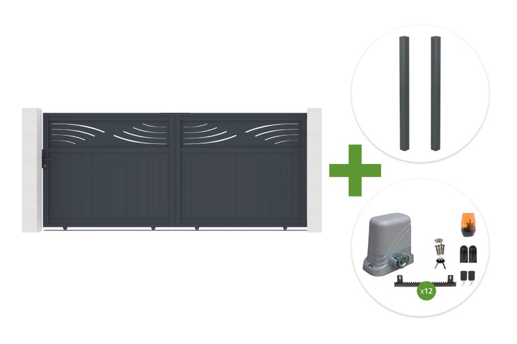Doppelflügeltor mit Zierdekor, zwei Pfosten und elektrischem Torantrieb mit Zubehör.