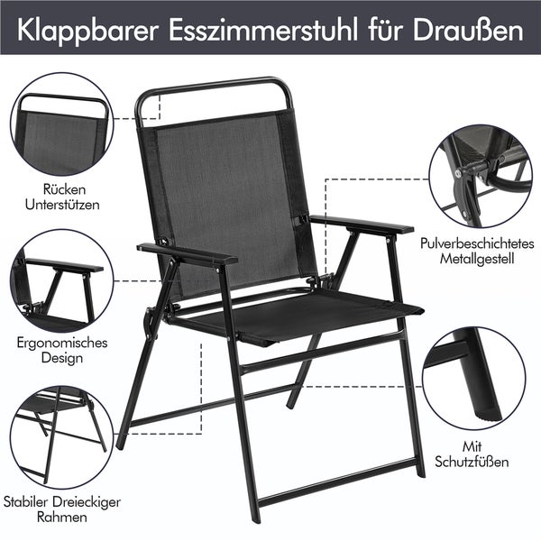 Klappbarer Gartenstuhl aus pulverbeschichtetem Metall mit schwarzem Textilgewebe, ergonomischem Design, stabiler Rahmenkonstruktion und Schutzfüßen.