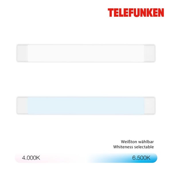 Telefunken Logo und LED-Leuchte mit wählbarem Weißton von 4000 Kelvin bis 6500 Kelvin.