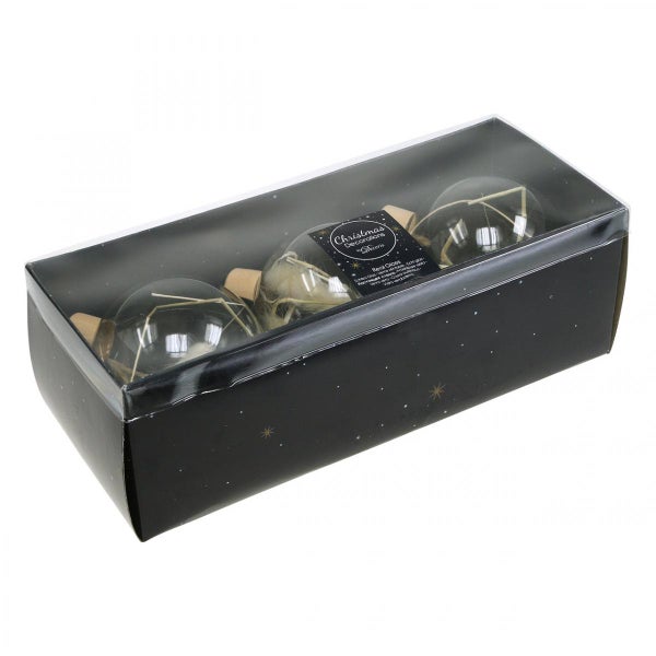 Verpackung mit drei Christbaumkugeln aus Glas mit Dekoration