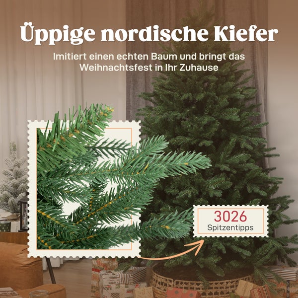 Künstlicher Weihnachtsbaum Nordische Kiefer mit 3026 Zweigspitzen und realistischer Nadeloptik in einem hellen Wohnzimmer mit Geschenken.