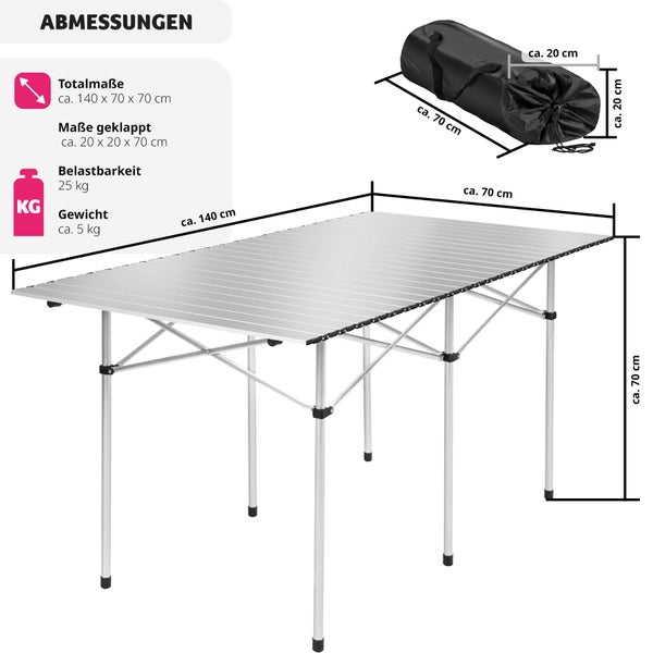 Campingtisch tectake  140 x 70 x 70 cm klappbar grau