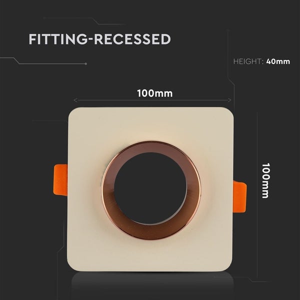 Quadratischer Einbaustrahler mit rundem Innenelement, einhundert mal einhundert Millimeter, Einbauhöhe vierzig Millimeter.