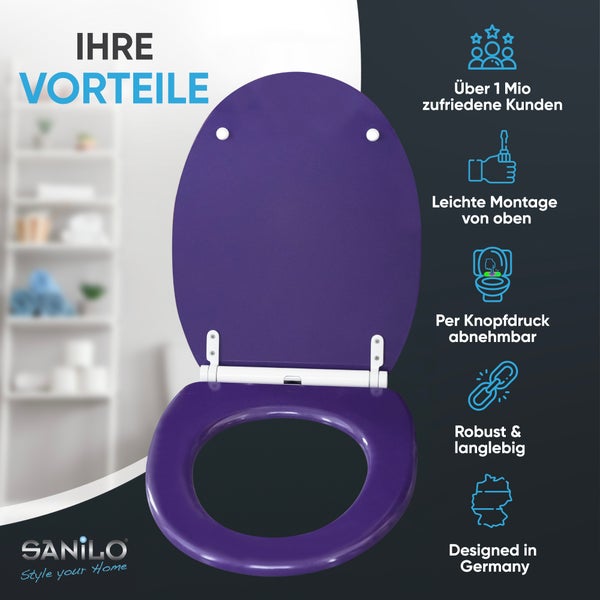 Sanilo Logo, lila Toilettensitz, über 1 Million zufriedene Kunden, einfache Montage, abnehmbar, robust, langlebig, in Deutschland entworfen.