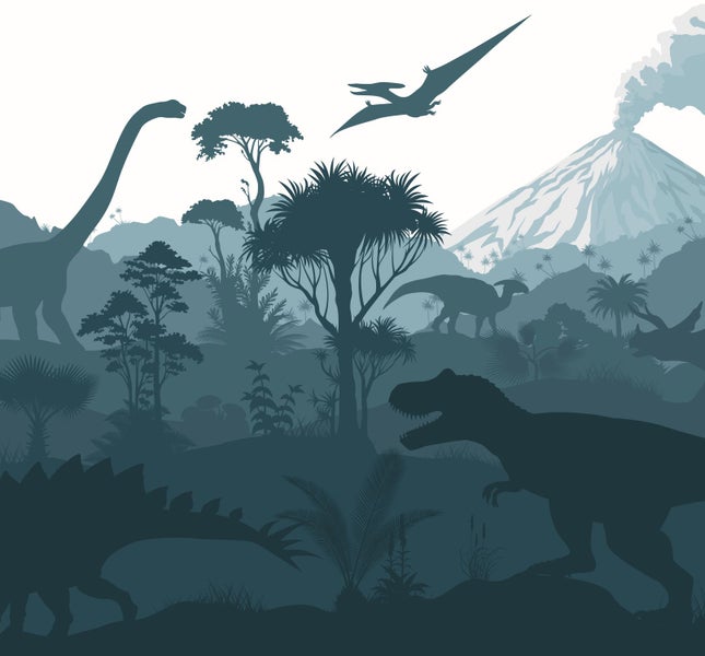 Illustration einer Dinosaurierszene mit Vegetation und Vulkan im Hintergrund