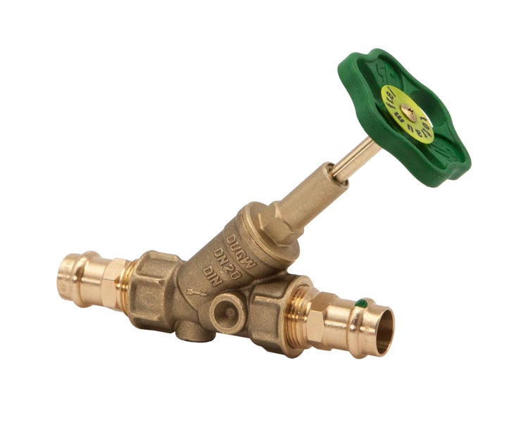 Schrägsitzventil aus Messing mit Pressanschlüssen DN20 und grünem Handrad.