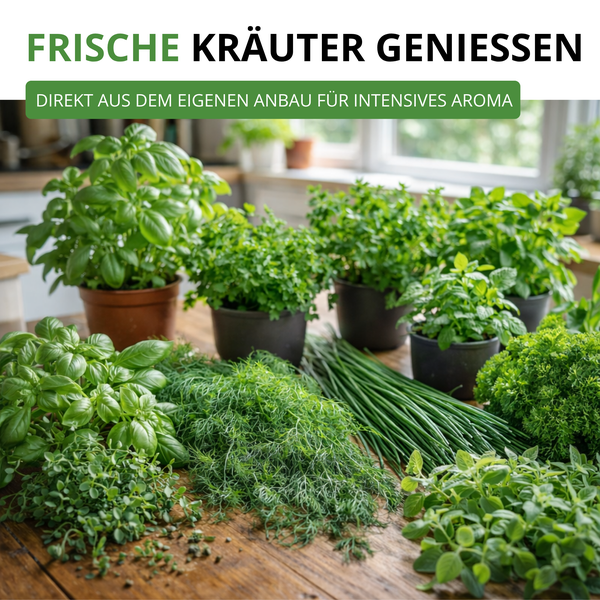 Frische Kräuter wie Basilikum und Schnittlauch in Töpfen und geerntet auf einer Holzoberfläche in einer hellen Küche aus eigenem Anbau.
