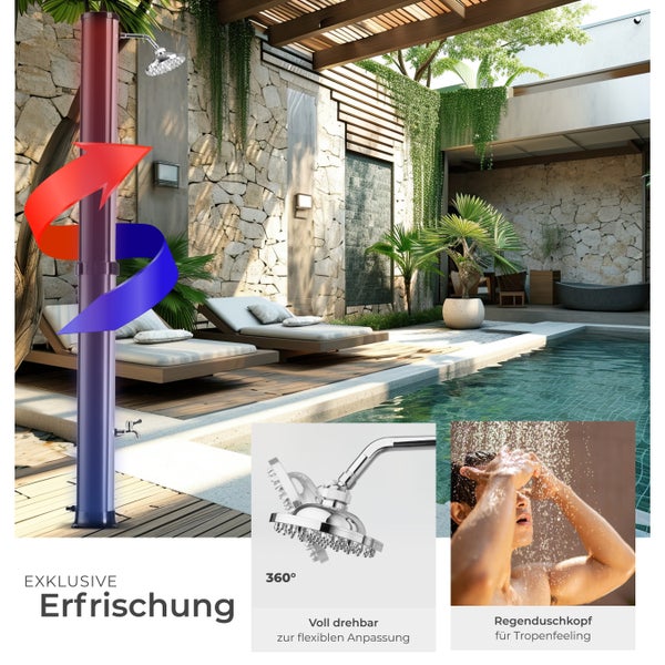 Gartendusche mit Regenduschkopf neben einem Pool mit Liegestühlen
