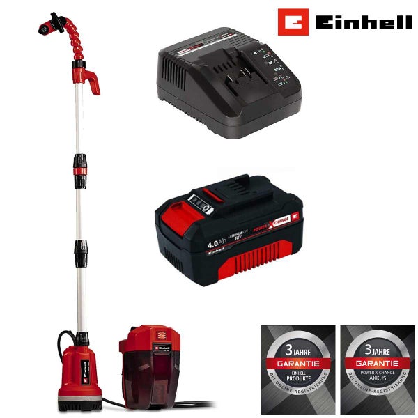 Einhell Akku-Klarwasserpumpe Set mit 18 Volt 4,0 Amperestunden Power X-Change Akku, Ladegerät, Einhell Logo und Symbolen für 3 Jahre Garantie.