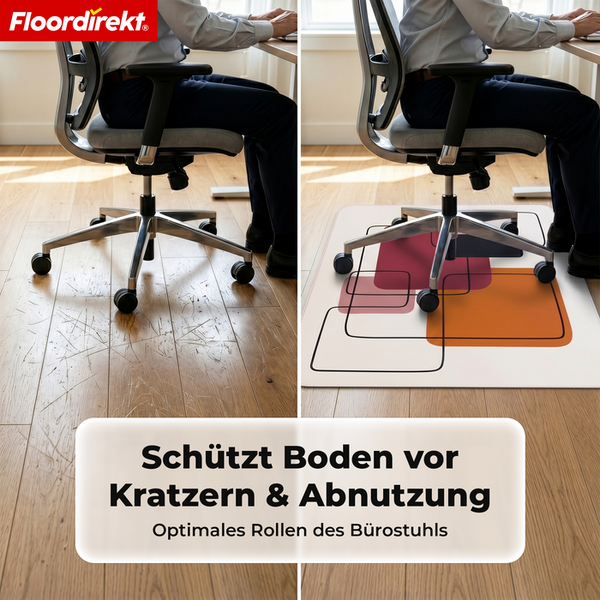 Floordirekt Logo. Vergleich von zerkratztem Holzboden ohne Matte und geschütztem Boden mit einer Bodenschutzmatte unter einem Bürostuhl.