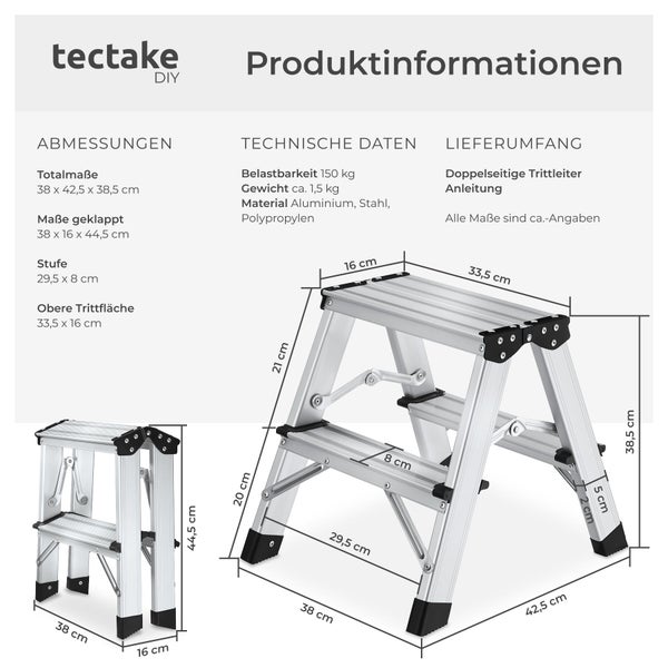 Doppelseitige Alu-Trittleiter mit Maßangaben und technischen Daten wie Belastbarkeit 150 Kilogramm und Gewicht circa 1,5 Kilogramm.