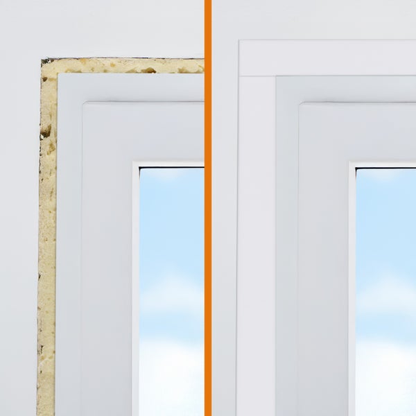 Vergleichsbild Fensterrahmenmontage mit Montageschaum vor und nach dem Anbringen der Abdeckleisten.