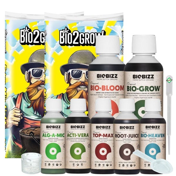 Biobizz Dünger-Set mit Bio-Grow, Bio-Bloom, Top-Max, Bio-Heaven, Root-Juice, Alg-A-Mic, Acti-Vera, Beuteln, Messwerkzeugen und Biobizz Logo.