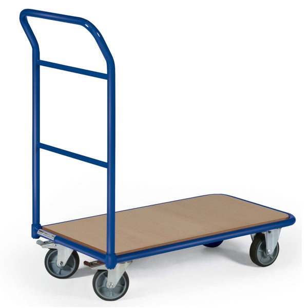 Transporthilfe mit Holzplatte und blauem Metallrahmen