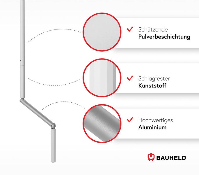 Produktbild mit Detailansichten zu schützender Pulverbeschichtung, schlagfestem Kunststoff und hochwertigem Aluminium sowie Bauheld Logo