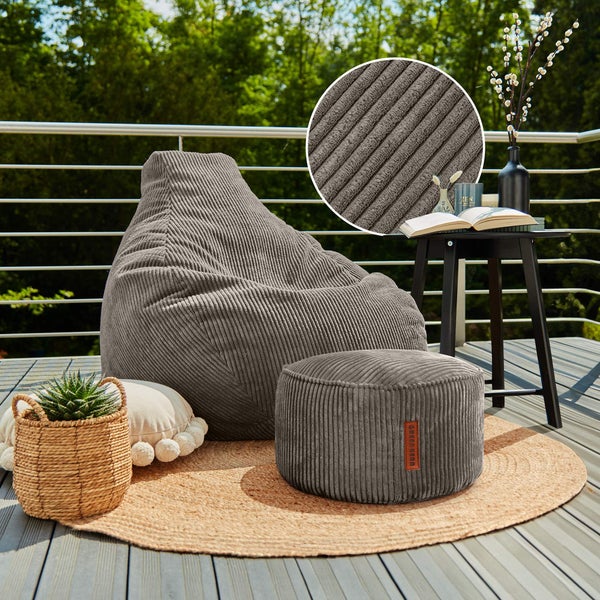 Green Bean Sitzsack mit Hocker aus Cord - Sitzsäcke für das Wohnzimmer, Schlafzimmer, Sitzsack-Sessel für Erwachsene Dunkelgrau