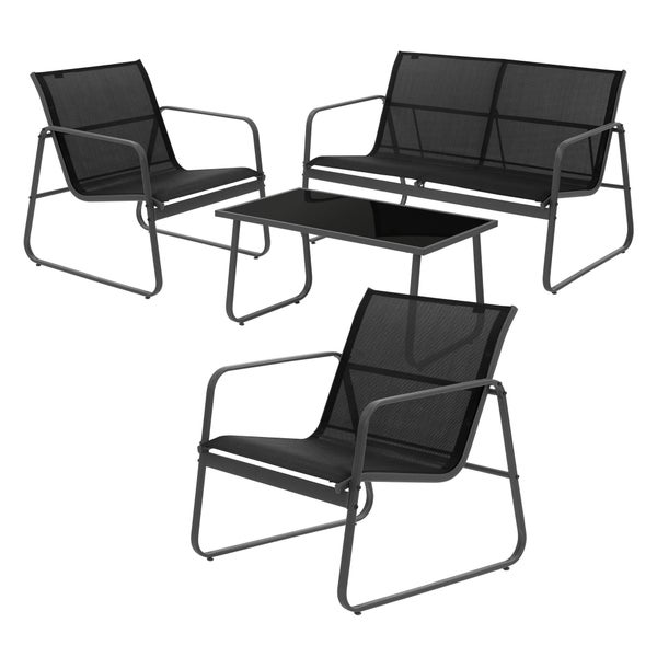 ML-Design Gartenmöbel Set 4-tlg, Schwarz, Balkonmöbel aus Stahl & Textilene für 4 Personen, Garten Sitzgruppe mit Glastisch, Sofa und 2 Sesseln, wetterfest, Gartengarnitur Outdoor für Balkon, Terrasse