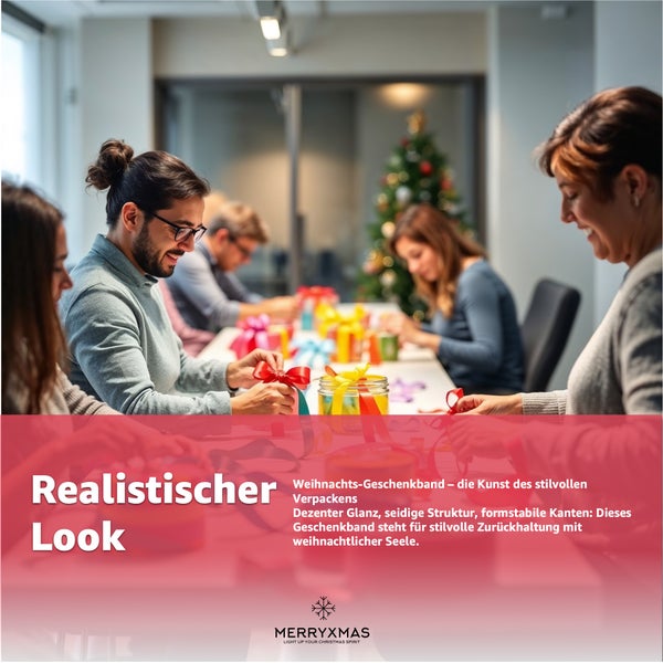 Menschen sitzen am Tisch und verpacken Weihnachtsgeschenke mit bunten Bändern vor einem Weihnachtsbaum.
