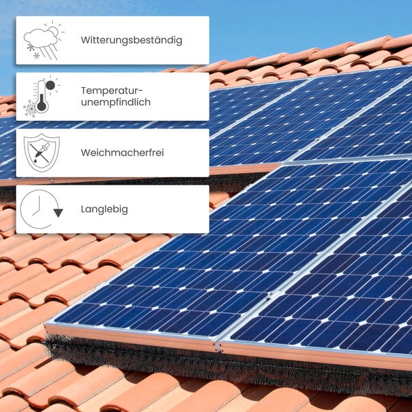 Solarpanele auf Ziegeldach mit Schutzbürste gegen Vögel. Witterungsbeständig, temperaturunempfindlich, weichmacherfrei und langlebig.