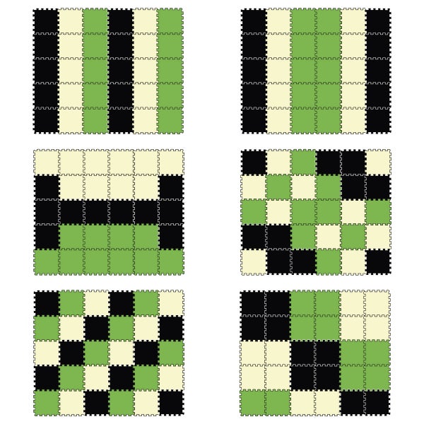 Verschiedene Verlegemuster für Puzzlematten aus Schaumstoff in unterschiedlichen Anordnungen