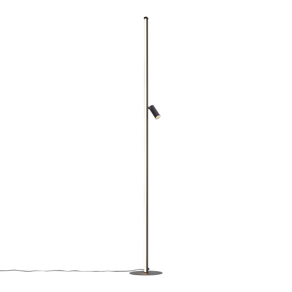 Schwarze LED-Stehleuchte mit schlankem Leuchtstab und verstellbarem Spot als Leselicht.