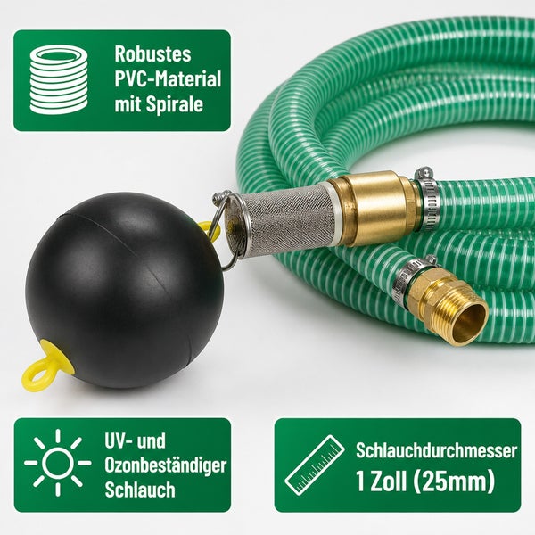 Saugschlauch aus PVC mit Spirale, Schwimmkugel und Filter, Durchmesser 1 Zoll, 25 Millimeter, UV- und ozonbeständig.
