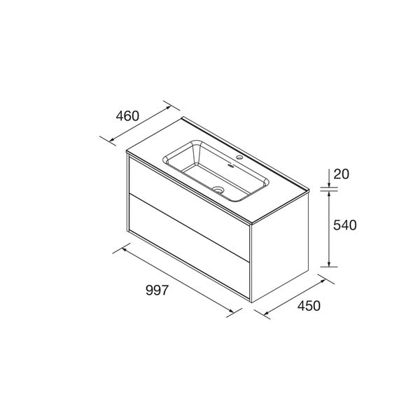 Maßzeichnung eines Waschbeckenunterschranks mit Waschbecken, Breite 997 Millimeter, Tiefe 460 Millimeter, Gesamthöhe 560 Millimeter.