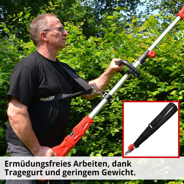 Eine Person benutzt eine Heckenschere mit Tragegurt für ermüdungsfreies Arbeiten.
